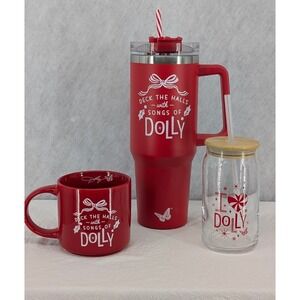 New 3 Piece Dolly Parton‎ Christmas Drinkware Set Tumbler Mug Drinking Glass
